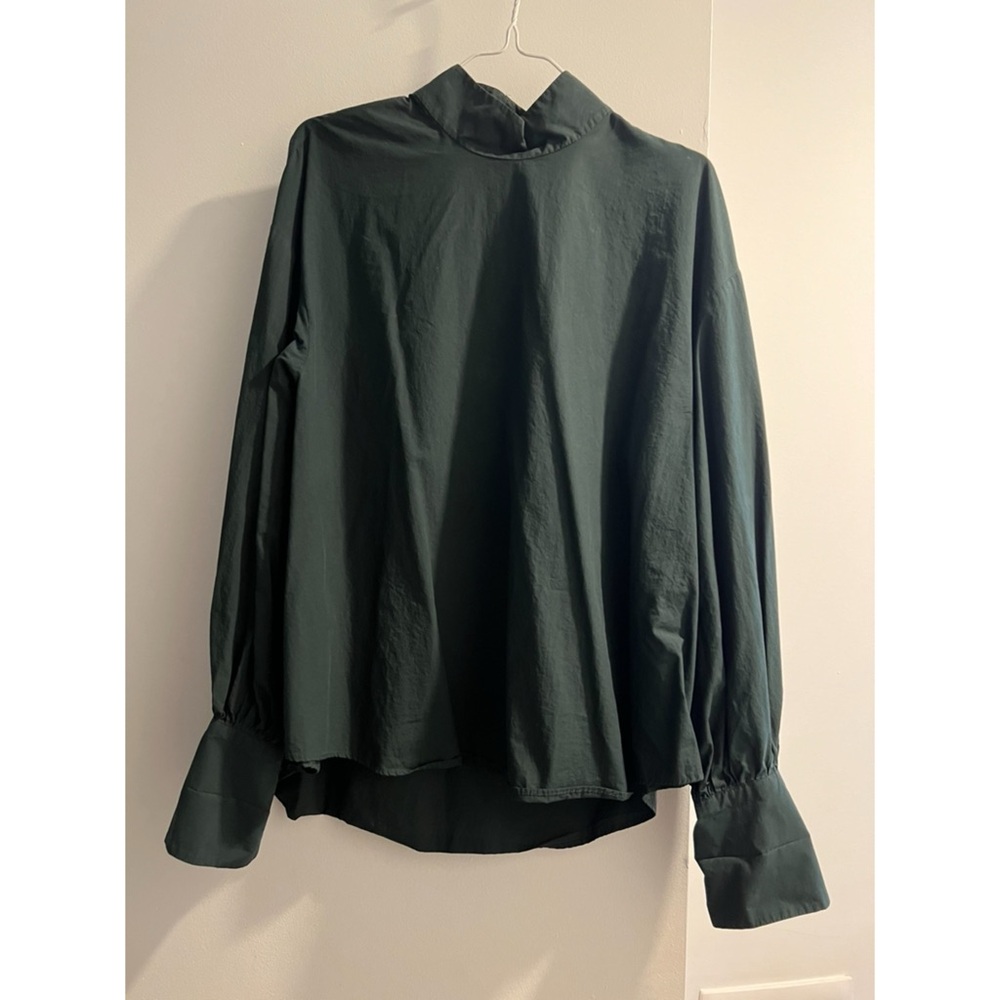 zara dark green lightweight cotton mock neck long sleeve blousy top
